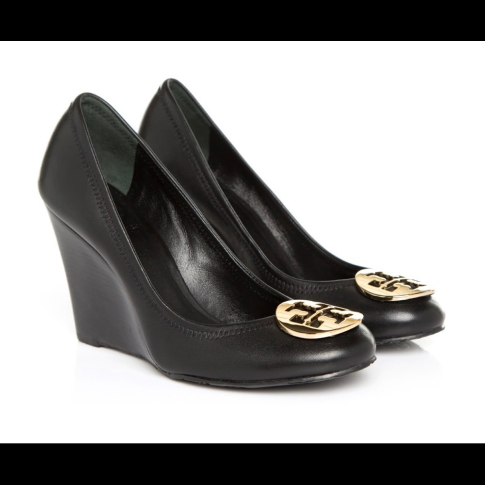 Tory Burch Sophie Wedge Black/Gold - gently used size 7.5